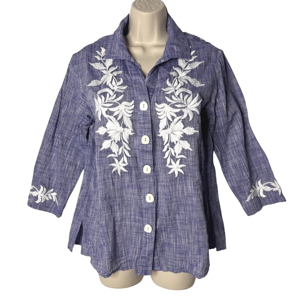 Parsley & Sage Button Shirt Sz M Blue‎ Slub 100% Cotton Floral Embroidered Boho